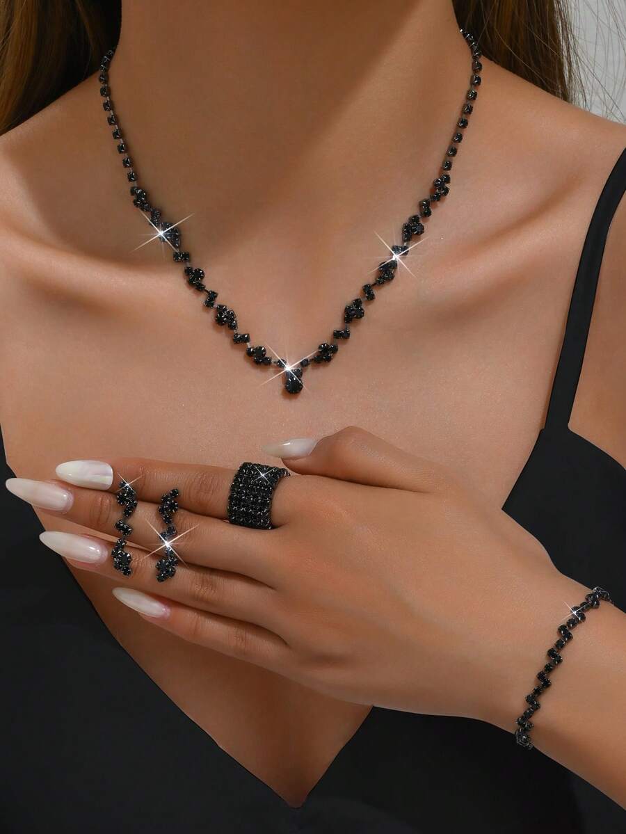 Fashionable, Elegant, Premium Quality Necklace, Earring, Bracelet, Elastic Ring Bridal Jewelry Set, Suitable For Women, Wedding, Birthday, Anniversary Gifts, Evening Dress Accessories - 4 Piece Jewelry Set - View 1