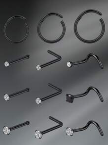 CIZME Conjunto de joyas de perforación de nariz y pendientes de 18/20G, que incluye: anillos de nariz de 8/10/12MM, aretes de aro, pendientes con forma de L con cristales de circonita, en acero inoxidable en color plateado, dorado y negro, para perforación de nariz y fosa nasal, para mujeres y hombres, con tornillo de nariz de 20G