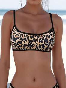 2-Piece Women's Leopard Print Trimmed Tie Back Sexy Bandeau Bikini Set With Removable Padding, Summer Beach & Pool Party Swimsuit - Black - View 5