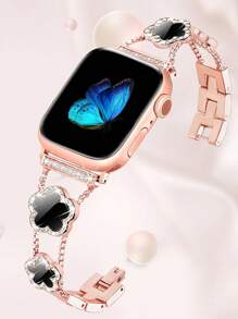 1 pièce Bracelet de montre Apple pour femmes, avec un motif de trèfle à cinq feuilles en diamant et cuivre doré. Bracelet en métal à fleurs d'été, compatible avec les de 38/40/41/42/44/45/46/49 mm, compatible avec les séries Ultra3/2/1/SE/10/9/8/7/6/5 4/3/2/1, accessoires de mode