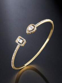 1pc Elegant Hollow Cubic Zirconia Water Drop Design Open Bangle Bracelet, Suitable For Everyday Wearing