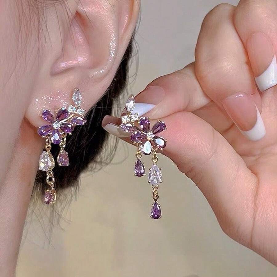 Sweet Purple Flower Pendant Earrings, High-End Tassel Earrings, Women's Jewelry, Fashionable Women's Essential Items, Suitable For Daily Wear - Màu tím - Xem 1