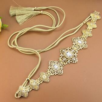 1pc Luxurious Moroccan Caftan Belt, Handmade Tassel Rope Metal Waist Chain With Colorful Rhinestones, Gold Plated Hollow Floral Pattern, Vintage Middle Eastern Turkish Women Belt
