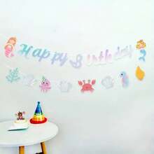 1 Piece Happy Birthday Banner - Mermaid Theme And Car Bear Paper Garland Decorations, No Electricity Required, Generally Used For Party And Home Decoration