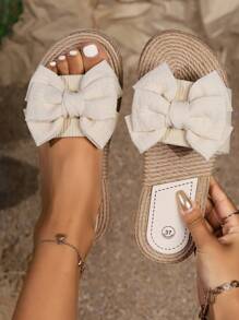 Women's Bowknot Decor Slide Sandals, Casual Open Toe Flat Summer Shoes, Lightweight Beach Shoes