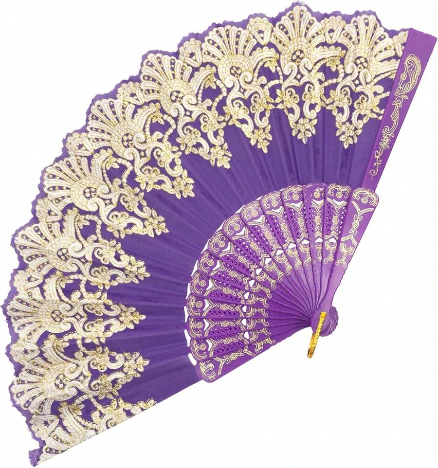 Handheld Chinese Folding Fan Hand Fans For Women Foldable Bulk For Party Wedding Church Dancing (Purple) - Purple - View 1