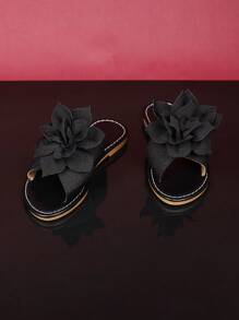1 par de chanclas planas de playa para niñas de talla grande, de tela de punto con decoración de flores de peonía grandes, punta redonda abierta, zapatillas de casa lindas y de moda para niñas de 3 a 15 años, nueva llegada de verano 2025