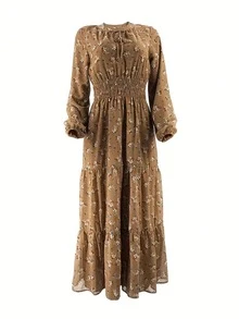 Neck Long Sleeve Abayas Dress, Elegant Pleated Waist Ruffle Maxi Dress, Women Clothing - Luo Color - View 4