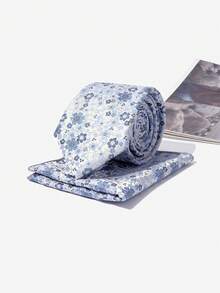 Vintage Blue Ditsy Floral 2.75 Inch Necktie Set, Pocket Square, Vintage Retro Style For Formal Occasions, Banquet, Wedding, Business