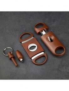 3 PiecesStainless Steel Cigar Cutter Set - Sharp, Portable V-Shaped Cigar Scissors, Cigar Cutter Tool - Brown - View 2