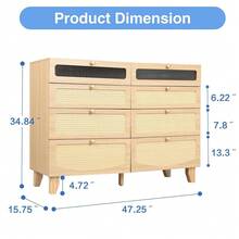 Rattan Dresser For Bedroom With 8 Drawers, Wood Dresser With Charging Station & Led Lights, Boho Dressers & Chests Of Drawers - Multicolor - View 3