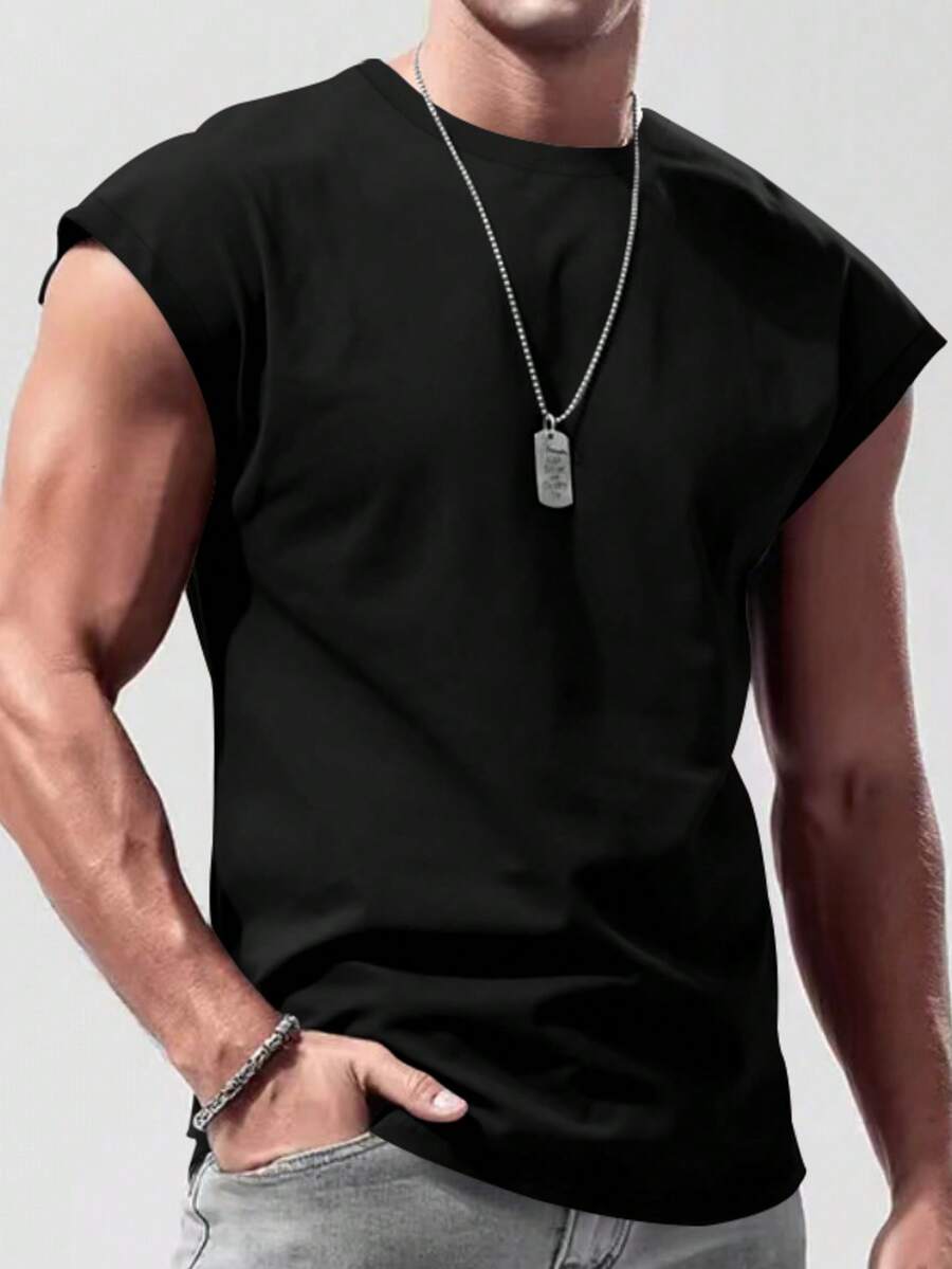 Plus Size Men's Casual Sporty Minimalist Loose Fit Sleeveless Tank Top, Fashion Versatile, Suitable For Daily Casual & Fitness - Black - View 1