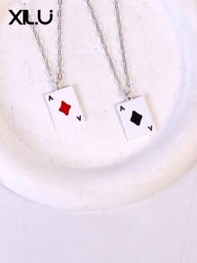 1pc Poker Card & Turquoise Enamel Pendant Necklace For Women, European & American Design