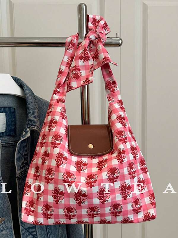 low tea 1pc Low Tea Contrasting Color Fabric Shoulder Bag, Women Elegant Fashion Pillow Shoulder Bag, Top Single Hand Carry Design, Snap Closure, Suitable For Travel, Shopping, Dates, Women Gifts, Great For Commuting, Outdoor, Travel, Excursions