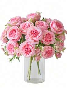 1 束人造牡丹丝绸花仿牡丹花束插花农舍家居波西米亚风婚礼餐桌中心装饰，假塑料花散装花瓶装饰 - 粉色 - 查看 1