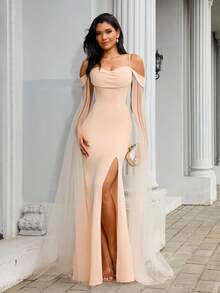 女士时尚细肩带网眼袖香槟色飘逸薄纱晚礼服婚礼宾客派对礼服毕业礼服