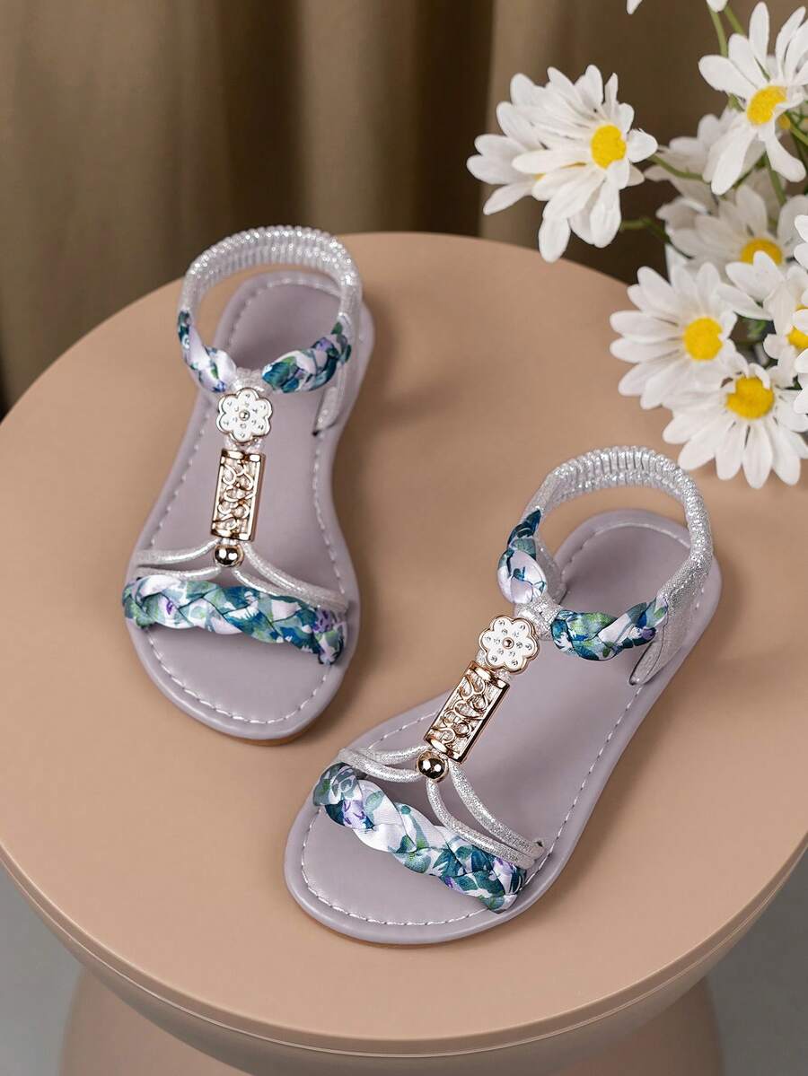 1 Pair Fashion Kids Bohemian Style Hook And Loop Sandals, Comfortable & Durable Colorful Beaded Beach Sandals - Mint Blue - View 1