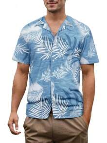 Men's Hawaiian Shirt Short Sleeves Printed Casual Button Down Funky Summer Tropical Holiday Beach Male Shirts - Leaf Light Blue - View 1