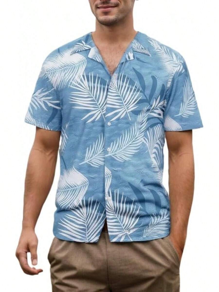 Men's Hawaiian Shirt Short Sleeves Printed Casual Button Down Funky Summer Tropical Holiday Beach Male Shirts - Leaf Light Blue - View 1
