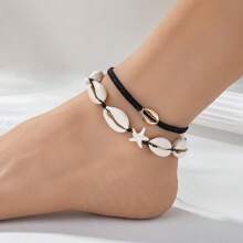 2pcs Metal Shell, Turquoise, Starfish Charm Woven Anklet, Minimalist Beach Vacation Style