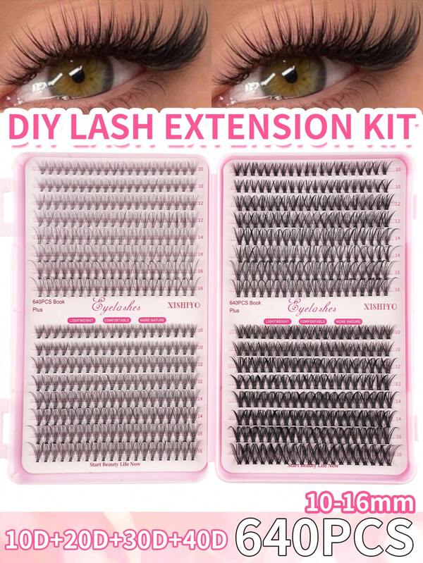 DIY 640 Eyelash Extension Set 10+20+30+40+50D+60D+80D+100D Large Volume Combination Eyelash Set Single Eyelash Bundle 10-16mm Thick D Curling Single Eyelash Set, Mini Travel Portable Thick Eyelash Bundle, With DIY Extension Extensions Suitable For Light, Heavy Makeup And Daily Occasions, Portable For Daily Use Or Going Out