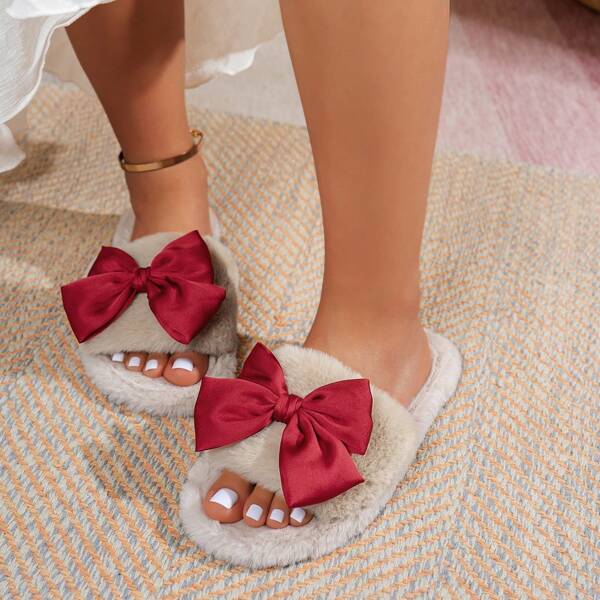 Women's New Bowknot Open Toe Fluffy Gray Slippers