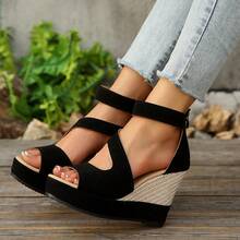Sandalias de cuña para mujer con plataforma gruesa, tela de ante, impermeables, zapatos de tacón alto hueco, elegantes - Negro - Ver 5