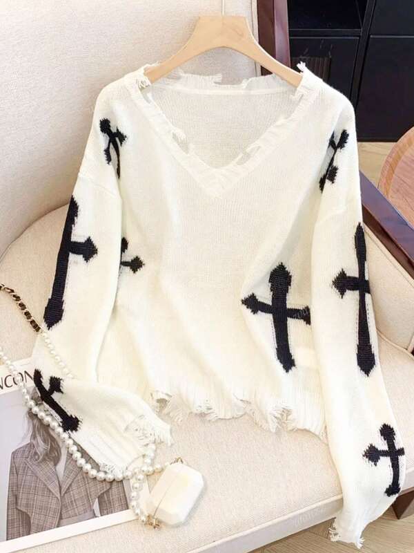 European And American Punk Street Style Cross Design Frayed Plus Size Women Sweater, Elegant Mature Ladies V-Neck Long Sleeve Knit Top