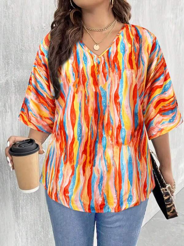 Plus - Size Women's Summer Striped Top, V - Neck Half - Sleeve, Fits Vacation Outfits Women, Summer Clothes Essential, Loose Tee For Casual Daily