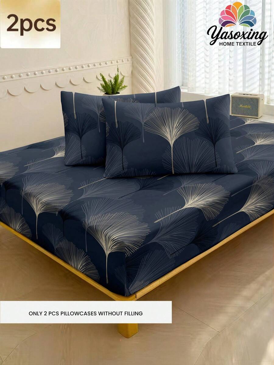 Set de 2 fundas de almohada con estampado de hojas de ginkgo azul marino, súper suaves y transpirables, sin relleno, lavables a máquina, adecuadas para dormitorios, vuelta al cole, etc. - Azul Marino - Ver 1