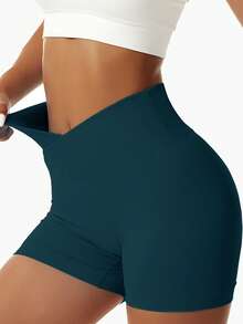 Solid Ribbed V-Waist Scrunch Butt Lifting Yoga Shorts - Seamless High Stretch Tummy Control Workout Biker Shorts For Summer Fitness,Athletic Gym Booty Shorts For Sports & Activewear - 墨綠色 - 查看 1