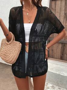 Women's Solid Knitted Sheer Open Cover Up, Lightweight Pullover For Holiday, Everyday Wear, Spring/Summer/Autumn - Black - View 6