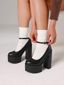 Women's Platform Elegant Mary Janes Goth Ankle Buckle Strap Chunky High Heels Pumps Stylish Minimalist Dress Versatile Y2k Punk Shoes - 黑色 - 查看 1