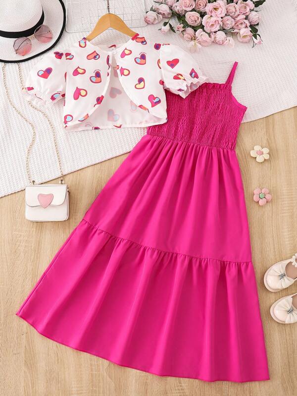 2pcs/Set Big Girls Casual Fashionable Sleeveless Ruffled Hem Dress & Short Sleeve Heart Print Shrug, Suitable For Spring/Autumn