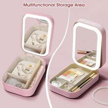 YTWO Travel Cosmetic Mirror Case,LED Makeup Mirror Storage Case With 3 Adjustable Color Light Settings,Portable LED Makeup Bag With Light,Multi-Compartment Storage Box,Cosmetic Organizer, For Eyelash Station Brushes Cosmetic Tools ,On-The-Go Makeup Needs,2 In 1 Jewelry Box,For Girls Women And Travel Essential To Store Ring, Necklace, Earring