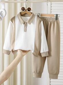 Young Boy Colorblock Waffle Polo Shirt & Drawstring Pants Casual Spring/Fall Outfit Set - Apricot - View 1