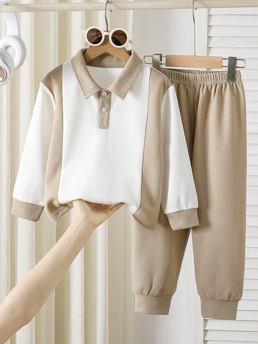 Young Boy Colorblock Waffle Polo Shirt & Drawstring Pants Casual Spring/Fall Outfit Set - Apricot - View 1