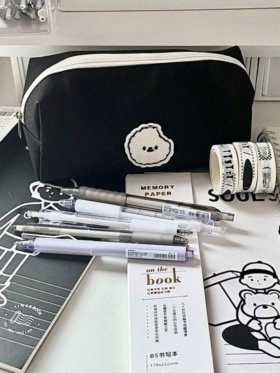 1pc Black Puppy Canvas Pencil Case, Large Capacity Stationery Bag, Dirt Resistant, Suitable As Back To School, Teacher's Day Gift,School Supplies,Pencil Pouch,School Bag - Multicolor - View 1