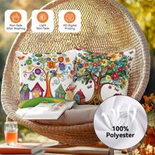 4 pièces Housses de coussin d'appoint imprimées avec arbres et maisons colorés, 45 cm*45 cm