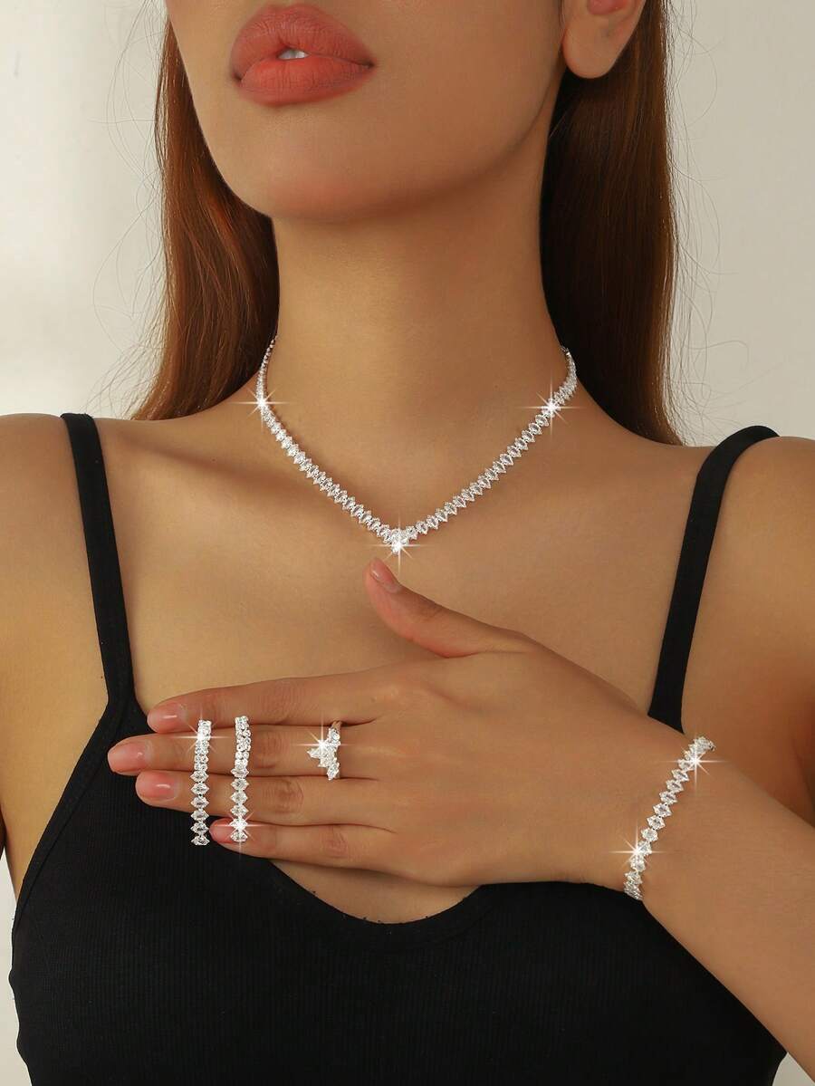 Luxury Sparkling Full Diamond Mosaic Geometric Minimalist Bridal Jewelry Set Valentine's Day Accessories - Gold - View 1