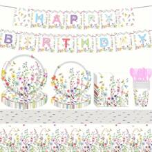 80pcs/120ocs Floral-Themed Cutlery Set, Disposable Cutlery Set, Party Cutlery Set, Wedding Cutlery, Birthday Cutlery, Party Decorations, Disposable Plates, Plates, Paper Cups And Napkins, Meet 20/30 Guests, Table Decorations, Ambience, Party Supplies
