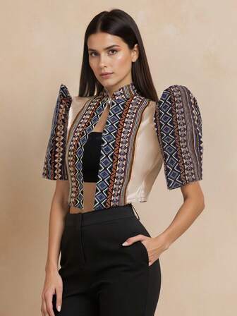 Blusa elegante de manga abultada con cuello alto y botones al frente, estilo floral filipino de primavera/verano para mujer, atuendo filipiniana