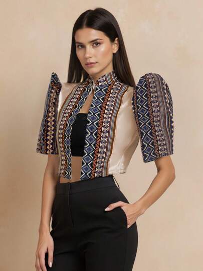 Amyenjoylife Women's Spring/Summer Floral Filipino Style Elegant Puff Sleeve Stand Collar Button Front Blouse, Filipiniana Attire