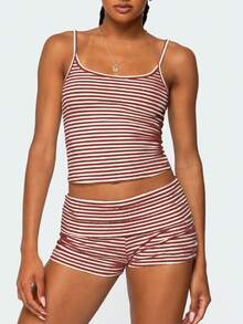 Women Y2k 2 Piece Lace Shorts Set Sleeveless V Neck Cami Top With Shorts Pajamas Sets Sleepwear - 紅色 - 查看 1