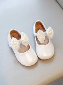 1 Pair Kids Pearl & Rhinestone Bow PU Leather Non-Slip Round Toe Mary Jane Flats, Suitable For Birthday Party/Daily Wear - Beige - View 1