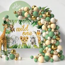 133pcs Jungle Animal Theme Balloon Garland Set, Including Green, Skin Color, Sand White, Gold Latex Balloons, Perfect For Birthday Party Decorations, First Birthday, Shower Decorations, Outdoor Decorations, Cartoon Animal Theme Party Supplies - Multicolor - View 2