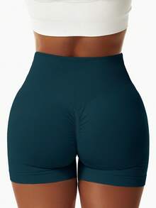 Solid Ribbed V-Waist Scrunch Butt Lifting Yoga Shorts - Seamless High Stretch Tummy Control Workout Biker Shorts For Summer Fitness,Athletic Gym Booty Shorts For Sports & Activewear - 墨綠色 - 查看 3