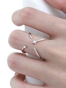1pc Unique Design Four-Pointed Star Adjustable Open Ring, Double-Sided Wearable Intersecting Line Decor Finger Ring - Antique Silver - View 3