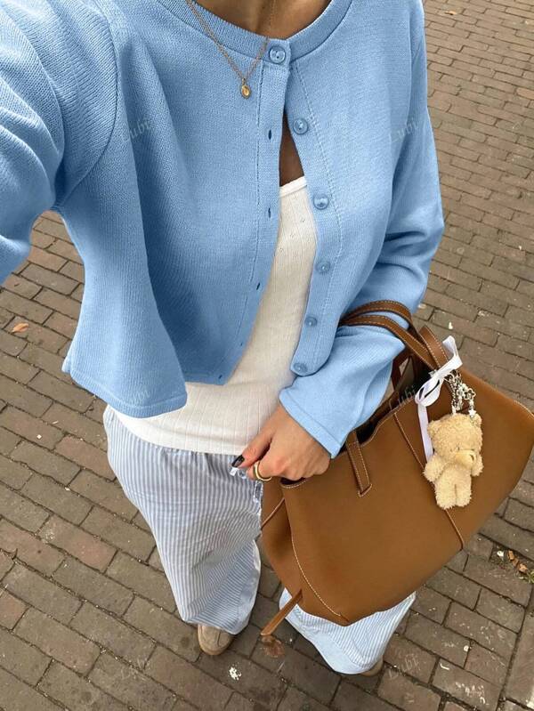Women's Casual Solid Color Knitted Button Up Cardigan, Versatile Knitwear For Everyday, Autumn/Winter