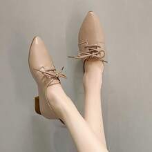 Bailarinas clásicas con cordones para mujer - Punta puntiaguda, suela blanda, tacón bajo cómodo, zapatos con revestimiento de imitación beige para atuendo casual - Albaricoque - Ver 4